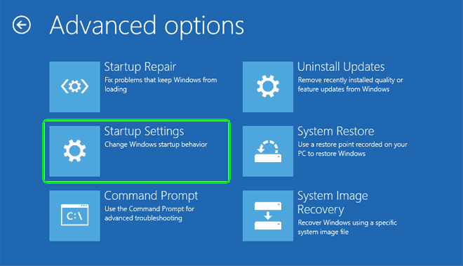 click on startup settings from advanced options آموزش گام‌ به‌ گام نصب ویندوز روی سرفیس | راهنمای کامل و کاربردی